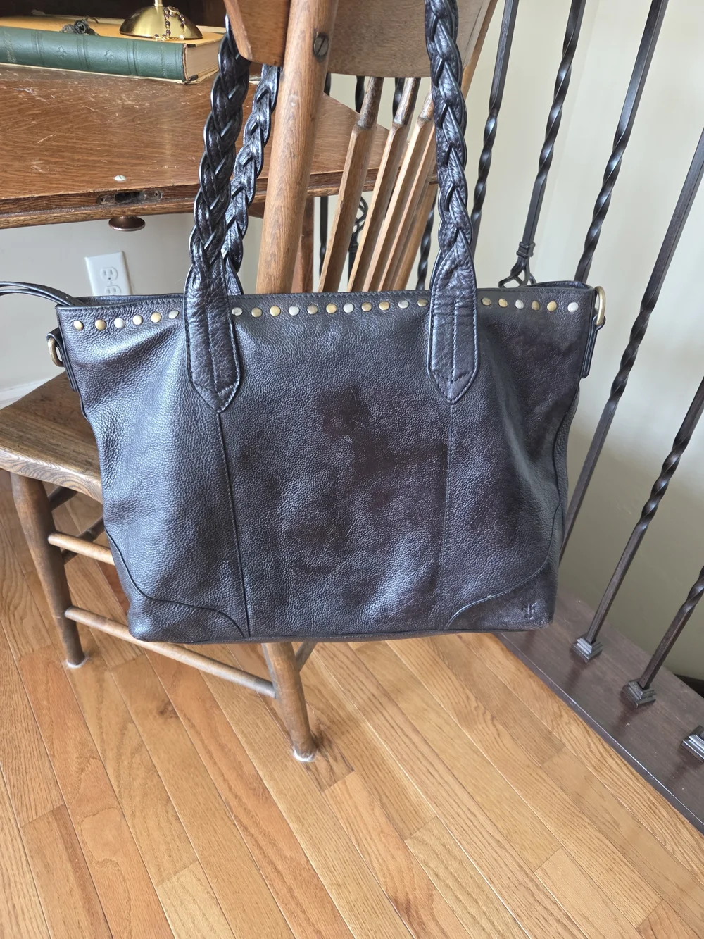 Y2k FRYE Soraya Shopper Shoulder Bag Black Leather Studded Satchel/ Tote